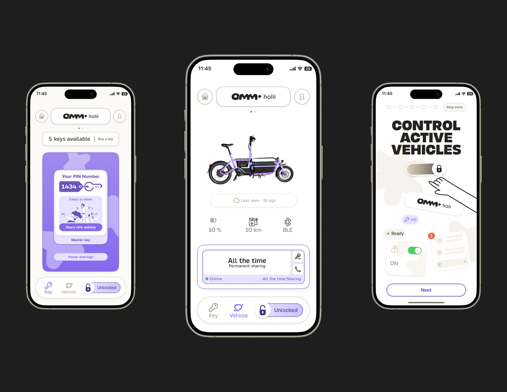 Trois écrans de l’application Active Pilot : partage de clé, statut du vélo et contrôle du véhicule