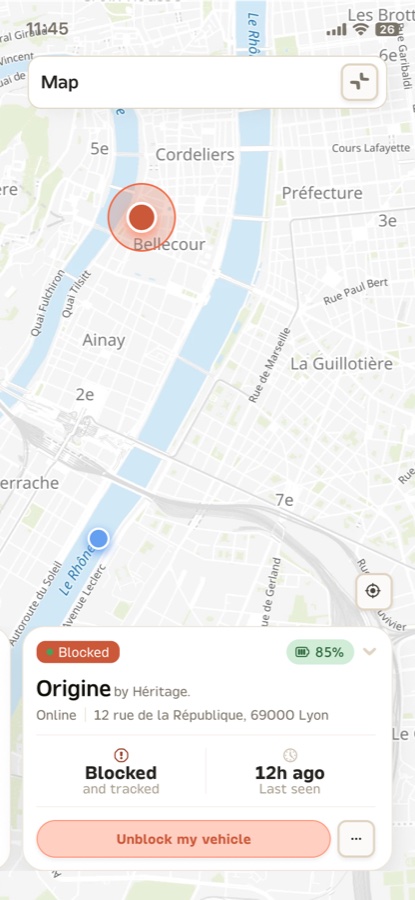 Carte avec alerte de vol sur le vélo