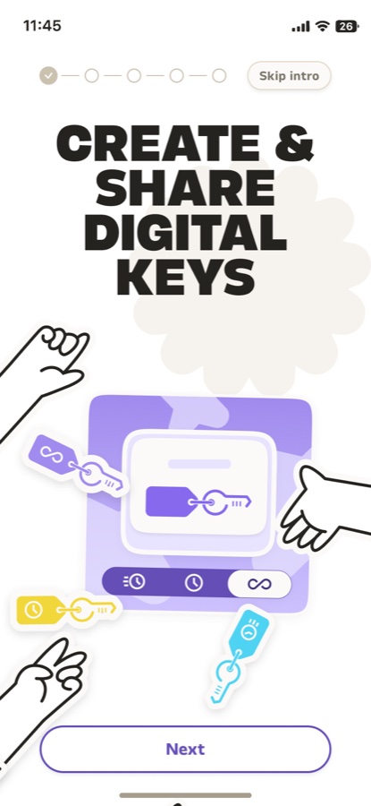 Écran d’accueil : « Create & share digital keys »